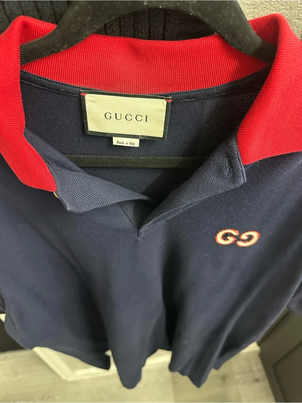 Gucci Navy Polo with Red Collar and Embroidered GG